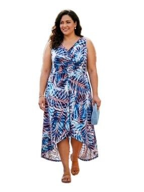 Sabrina Blue 2X Maxi Dress Tropical Palm Leaf High Low Hem Ruched V-Neck Boho
